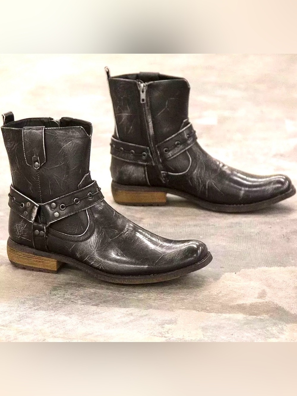 Buckle Men's Black Leather Ankle Boots with Harness Strap